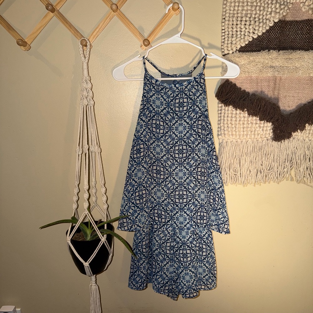 Dee Elle Blue and White Geometric Halter Romper